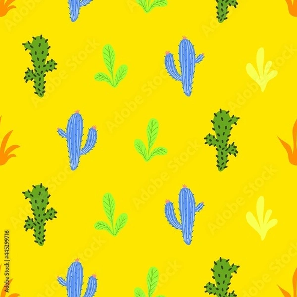 Fototapeta Cute hand drawn cartoon palms and cacti. Seamless pattern. Print for printing on fabric, wallpaper, paper, packaging.