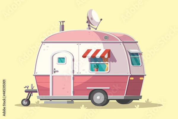Fototapeta Old pink caravan. Vector illustration in modern cartoon style. 