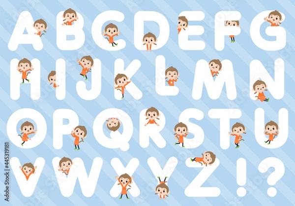 Fototapeta アルファベットと合わせてデザインされたさるの女の子のセット