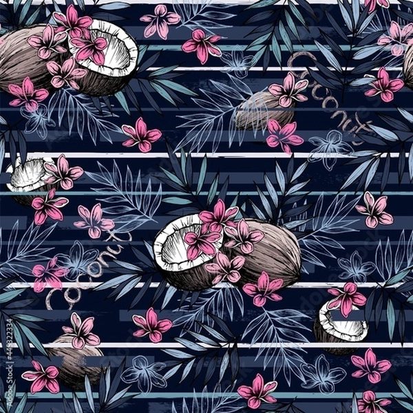Fototapeta Seamless pattern with coconut fruits, leaves and pink flowers on a blue backdrop. Striped background. Colorful vector illustration.
