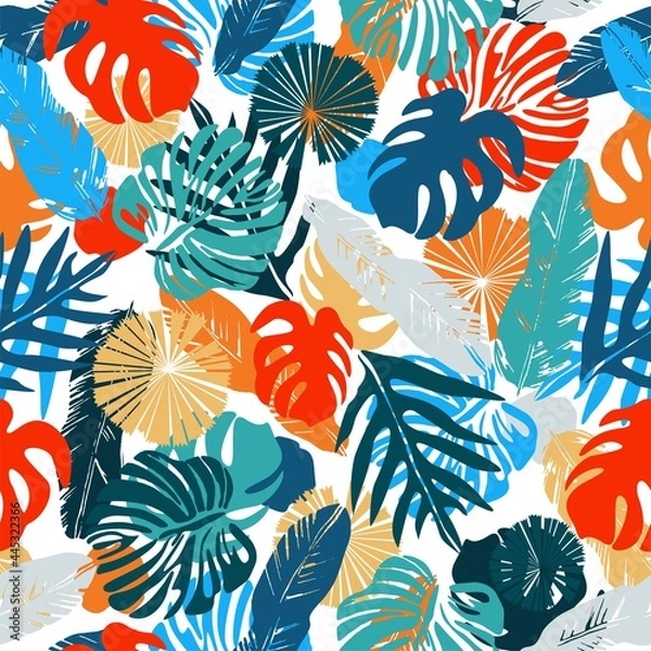Fototapeta Bright tropical leaves on a white background. Colorful vector seamless pattern.