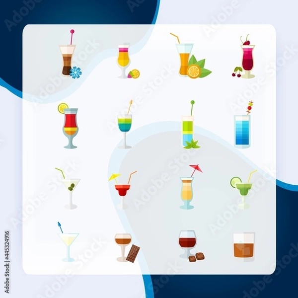 Fototapeta Multicolored large icons set for cocktails party and alcoholic drinks isolated vector illustration