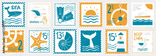 Fototapeta Sea post stamp set. Whale, seagulls, flippers, seascape, compass, yacht, steering wheel, starfish, shell, whale tail and lighthouse. Vector flat hand drawn illustration