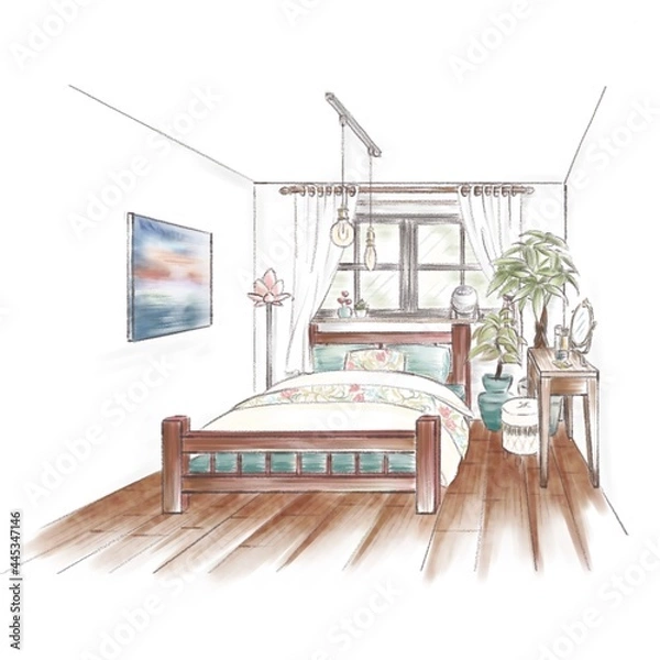 Fototapeta ナチュラル、ヴィンテージインテリアの寝室のイラスト