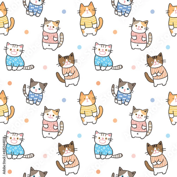 Fototapeta Seamless Pattern with Cute Cat Illustration Design on White Background