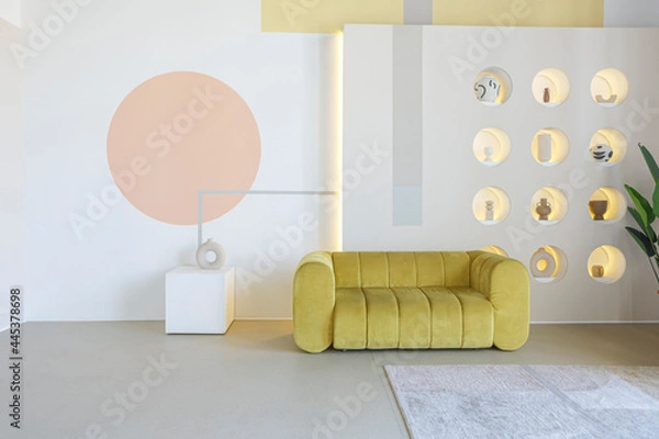 Fototapeta modern open-plan room interior in futuristic style in pastel colors with graphic wall decoration. very high ceilings and a huge window. soft stylish furniture with gold metallic elements