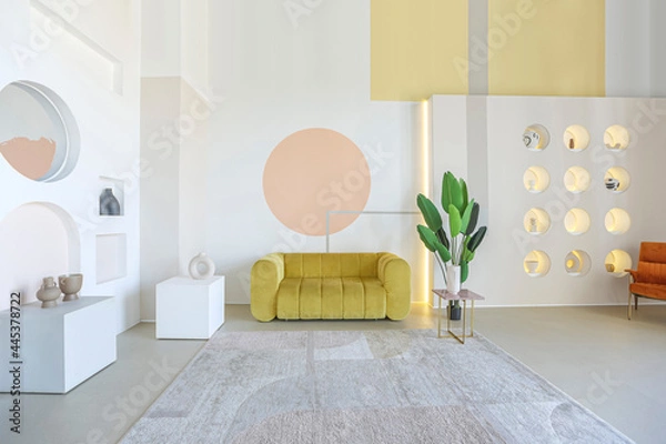 Obraz modern open-plan room interior in futuristic style in pastel colors with graphic wall decoration. very high ceilings and a huge window. soft stylish furniture with gold metallic elements