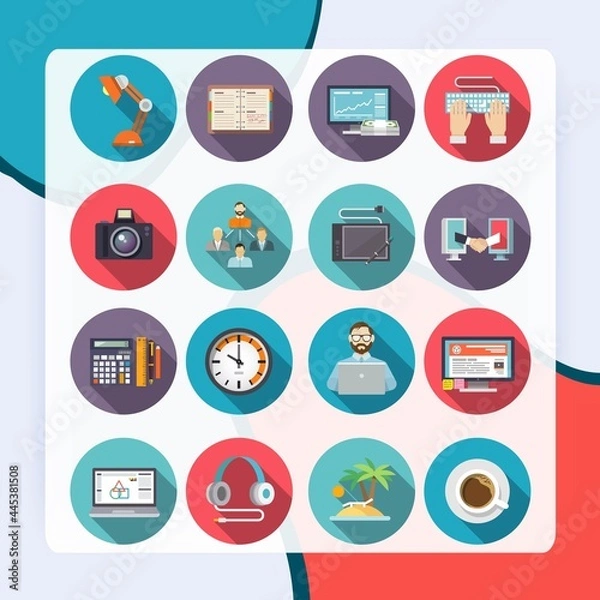 Fototapeta Freelance icon flat set with freelancer workflow business symbols isolated vector illustration