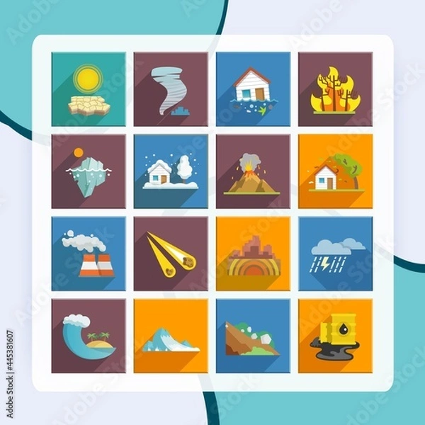 Fototapeta Natural disaster icons set with tide volcano erupting earthquake flood isolated vector illustration