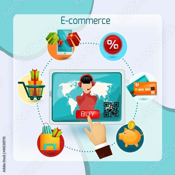 Fototapeta E-commerce concept with tablet computer and online shopping decorative icons set vector illustration