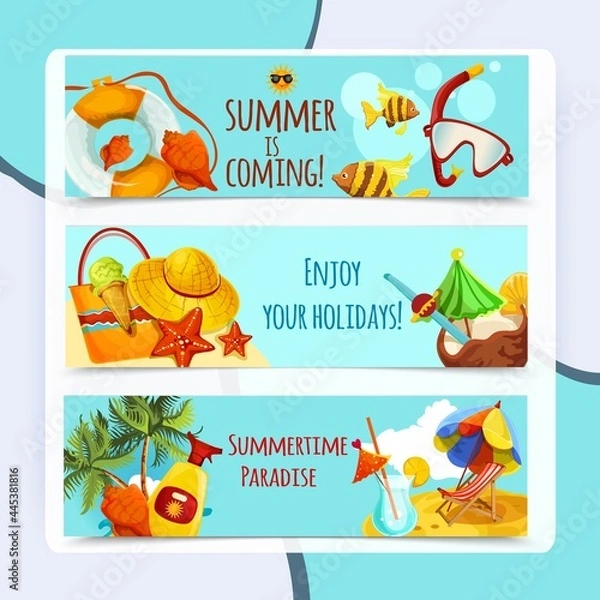Fototapeta Summer holidays horizontal banners set with recreation elements isolated vector illustration