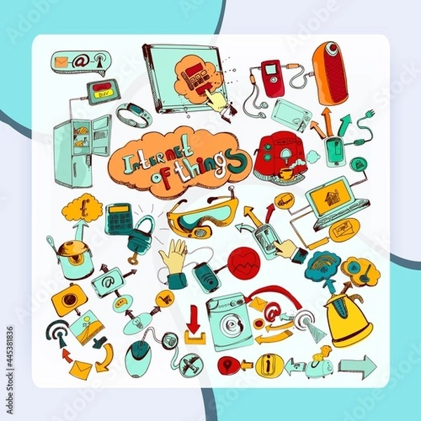 Fototapeta Internet of things doodles colored set with remote control home network elements vector illustration