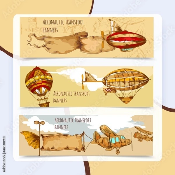 Fototapeta Retro aeronautic transport horizontal hand drawn banners set isolated vector illustration