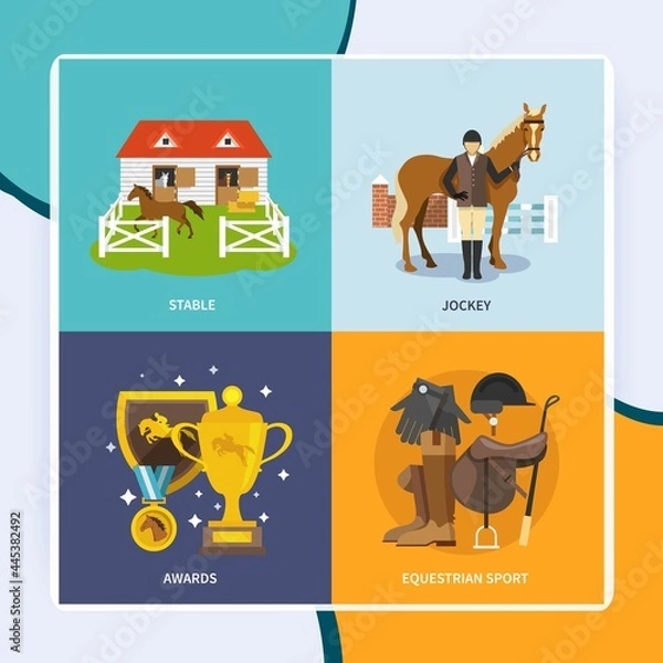 Fototapeta Jockey design concept set with stable equestrian sport awards flat icons isolated vector illustration