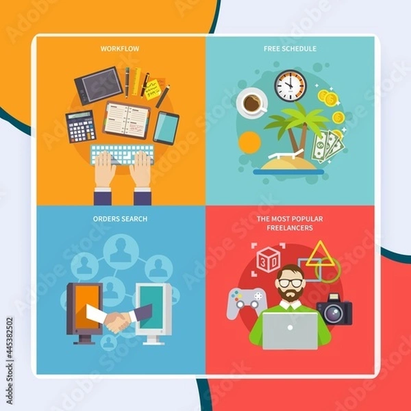 Fototapeta Freelance design concept with free schedule workflow most popular freelancers orders search flat icons isolated vector illustration