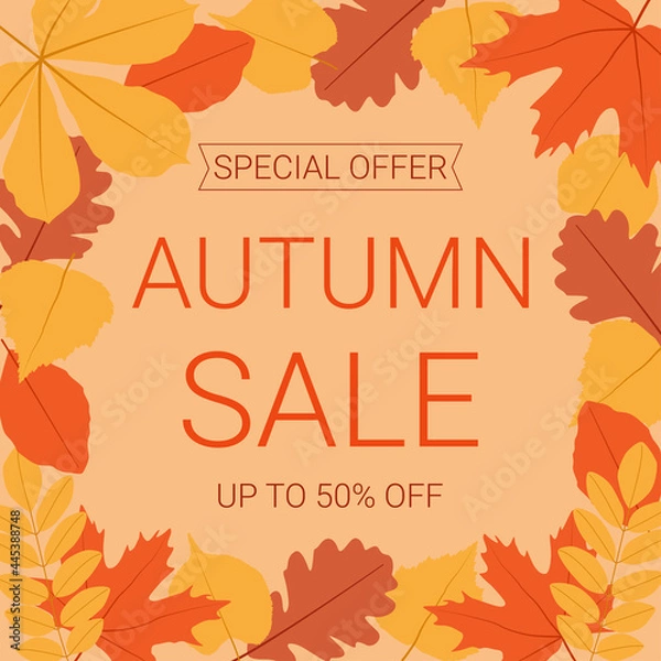 Fototapeta Autumn sale banner with leaves. Fall background. Best for shopping sale, promo poster or web banner. 