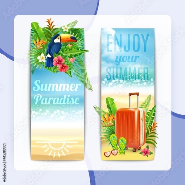 Fototapeta Travel vertical banners set with vacation suitcase exotic leaves and toucan bird isolated vector illustration