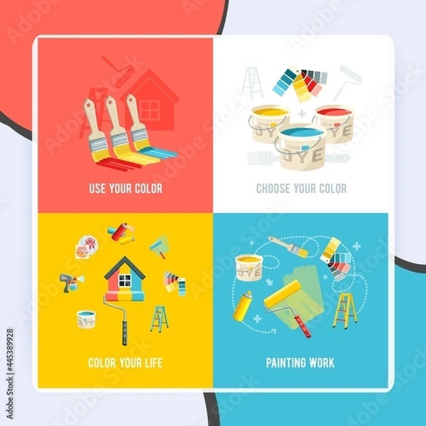 Fototapeta Painting work design concept set with color supplies and equipment flat icons isolated vector illustration