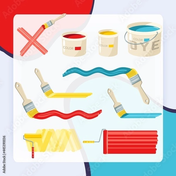 Fototapeta Roller and paint buckets and color brushes decorative icons set isolated vector illustration