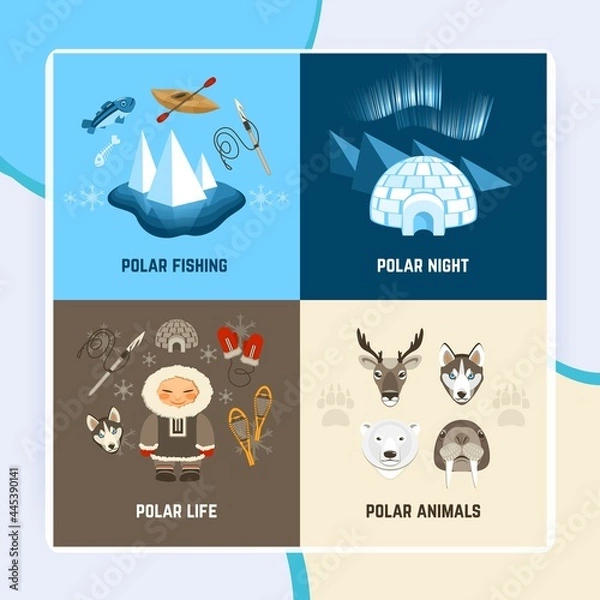 Fototapeta Chukchi design concept set with polar night fishing animals and life flat icons isolated vector illustration