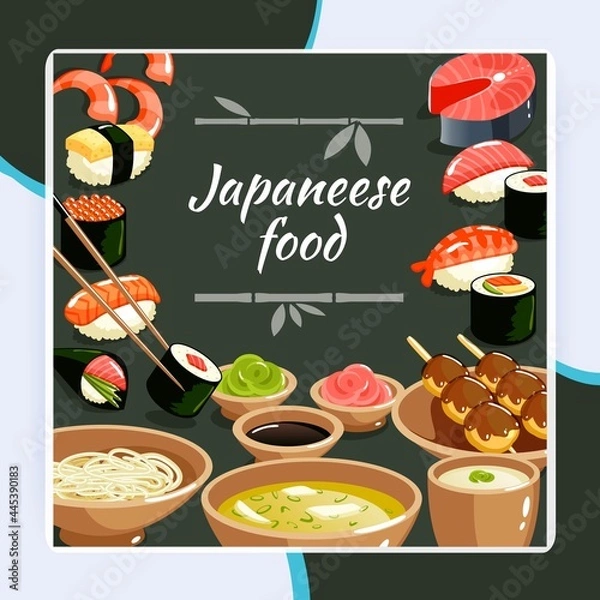Fototapeta Japanese food poster with sushi rolls sashimi noodle and rice vector illustration