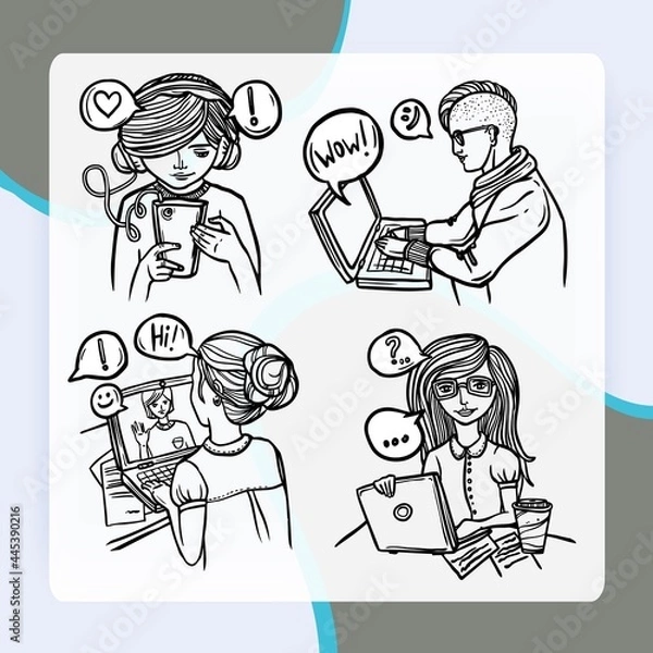 Fototapeta People chatting via internet devices sketch decorative icons set isolated vector illustration