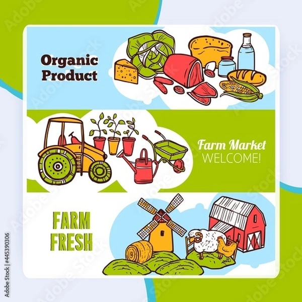 Fototapeta Agriculture hand drawn horizontal banner set with organic farm products elements isolated vector illustration