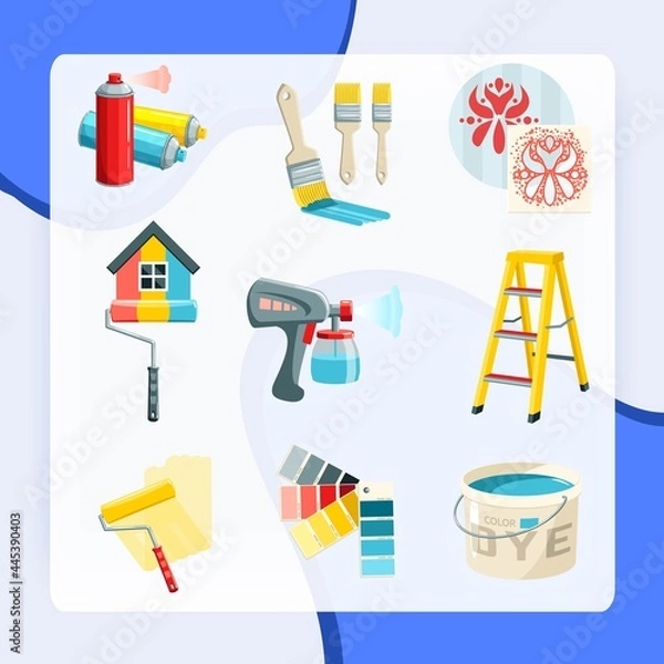 Fototapeta Painting work decorative icons set with bucket roller color palette isolated vector illustration