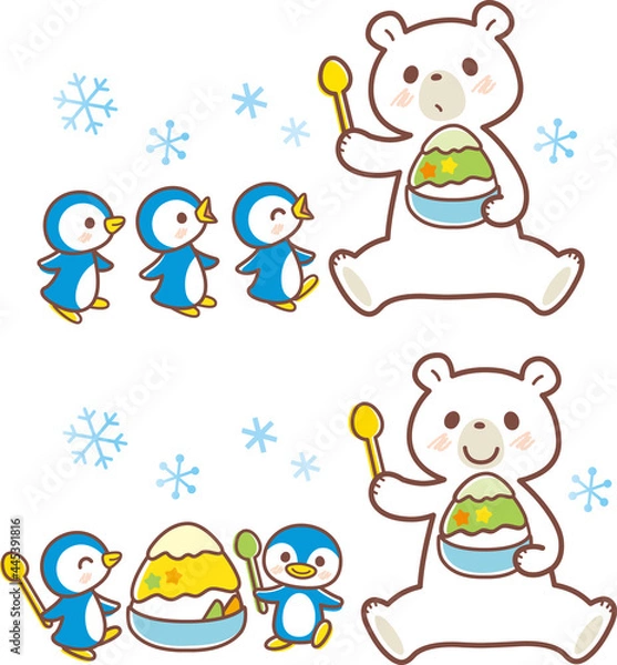 Fototapeta かき氷を食べるシロクマとペンギンのイラスト＿ライン有