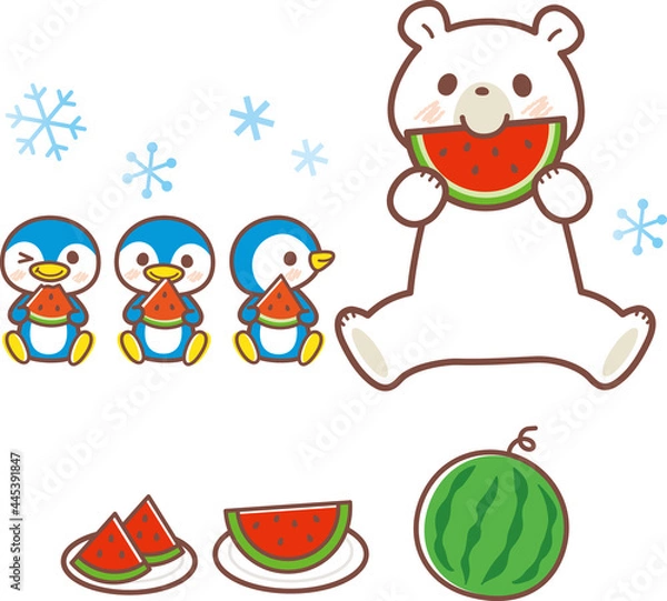 Fototapeta スイカを食べるシロクマとペンギンのイラスト＿ライン有