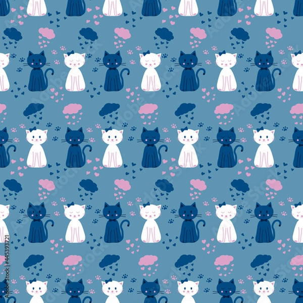 Fototapeta Seamless pattern with funny cats, clouds and hearts on a blue background. Vector illustration.

