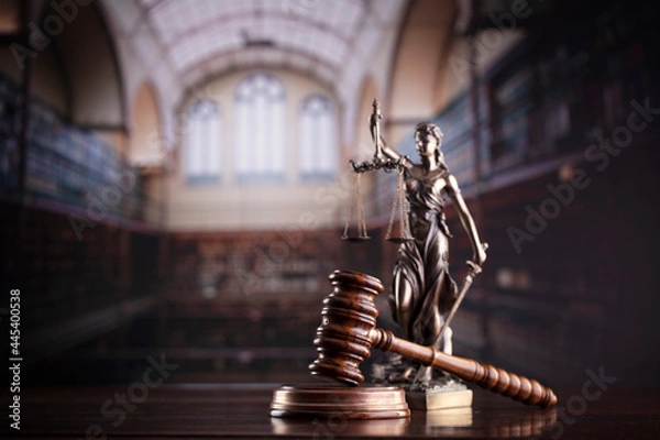 Fototapeta Law theme. Themis statue and judge gavel in the law faculty library.