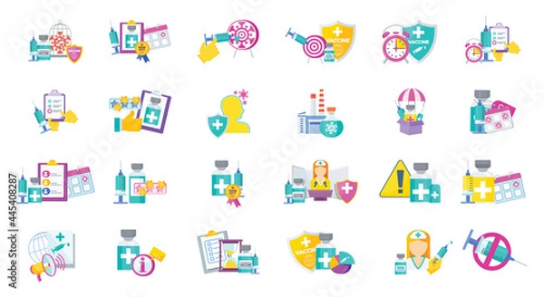 Fototapeta Vaccination program icons. Manufacturing and delivery, quality.
