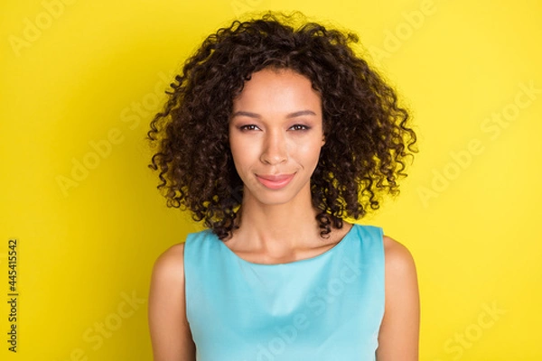 Obraz Photo of young happy charming dark skin woman smile good mood isolated on shine yellow color background