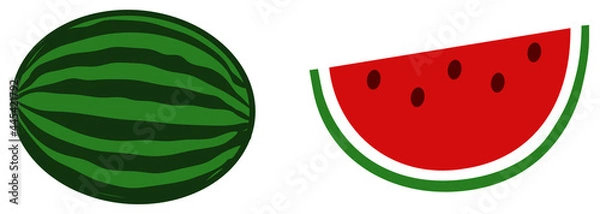 Fototapeta Simple red watermelon icon - whole and slice version