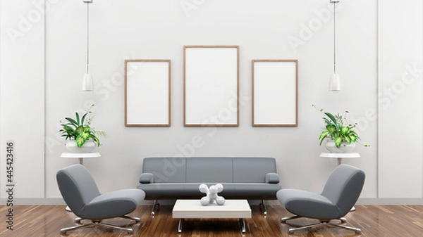Fototapeta Office Interior frame mockup. Horizontal frame mockup on the empty white wall with modern office interior design.	
