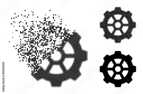 Obraz Dust pixelated gear icon with wind effect, and halftone vector symbol. Pixelated defragmentation effect for gear gives speed and motion of cyberspace things.