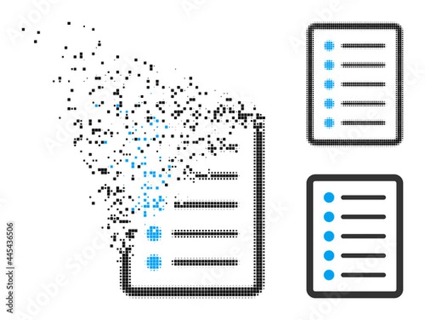 Fototapeta Disappearing pixelated list page glyph with destruction effect, and halftone vector pictogram. Pixel disappearing effect for list page reproduces speed and movement of cyberspace matter.