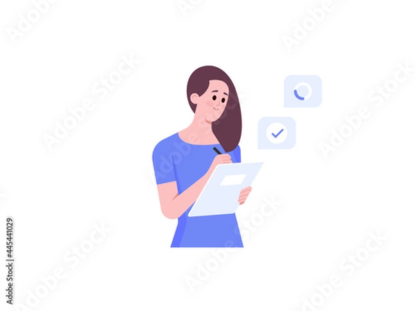 Obraz Business woman with pen and paper folder. Smiling young woman writes on notebook