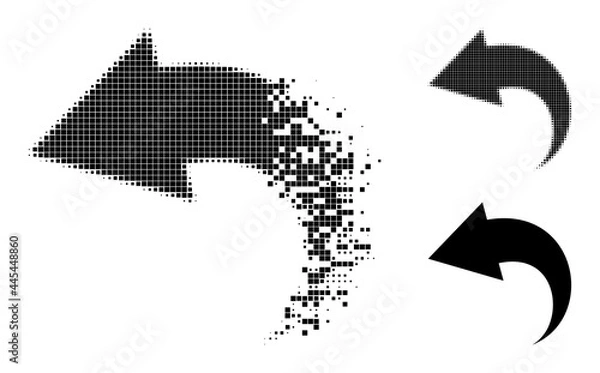 Obraz Disappearing dotted undo icon with destruction effect, and halftone vector icon. Pixel disintegrating effect for undo shows speed and movement of cyberspace items.
