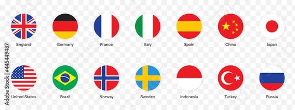 Fototapeta National flags icons vector,  main flag languages set. UK, Germany, USA, Russia, China,France… Isolated circle buttons on white background.  Website language choice symbols.  Vector UI flag design.