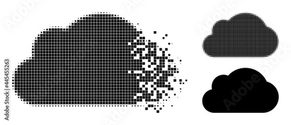 Obraz Dissipated pixelated cloud glyph with destruction effect, and halftone vector pictogram. Pixelated explosion effect for cloud demonstrates speed and motion of cyberspace concepts.