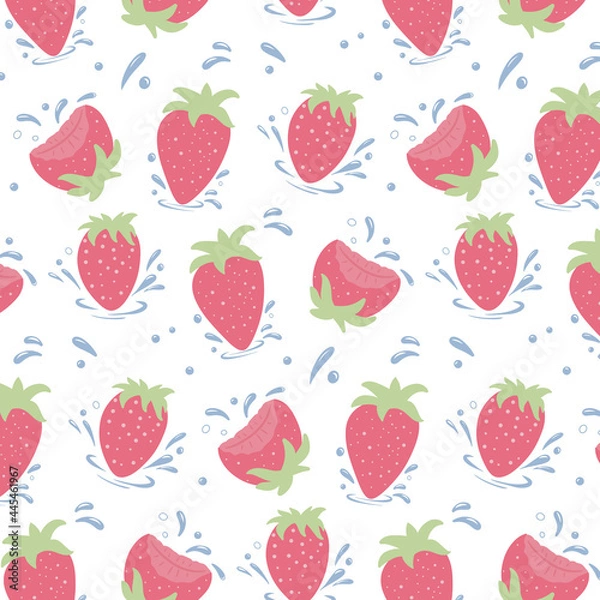 Fototapeta Seamless pattern of fresh strawberries. Strawberries with water drops. Vector cartoon background.