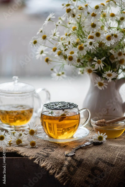 Fototapeta Hot chamomile tea in cup with flowers on wooden table.