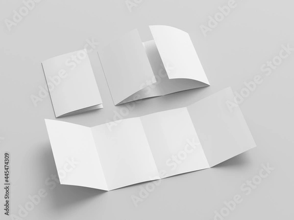 Fototapeta Vertical double gate fold brochure. Four panels, eight pages blank leaflet. Mock up on white background for presentation design. Folded, semi-folded and front side.