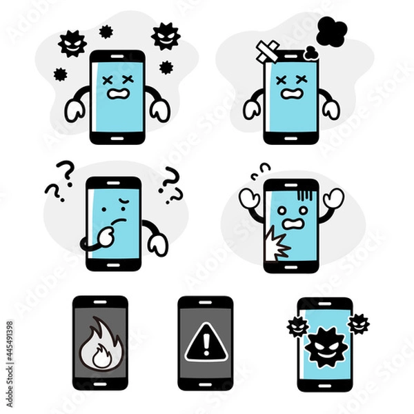 Obraz スマホのキャラクターの故障やトラブルに関する表情セット