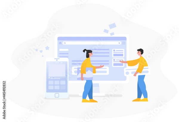 Obraz Web, mobile app creation, web studio. Two people work on website mockup. Modern vector illustration
