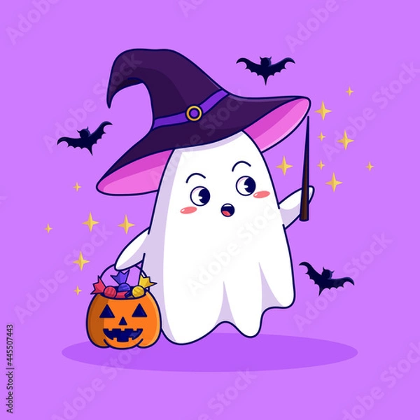 Fototapeta Cute Ghost Holding Candies Pumpkin Vector