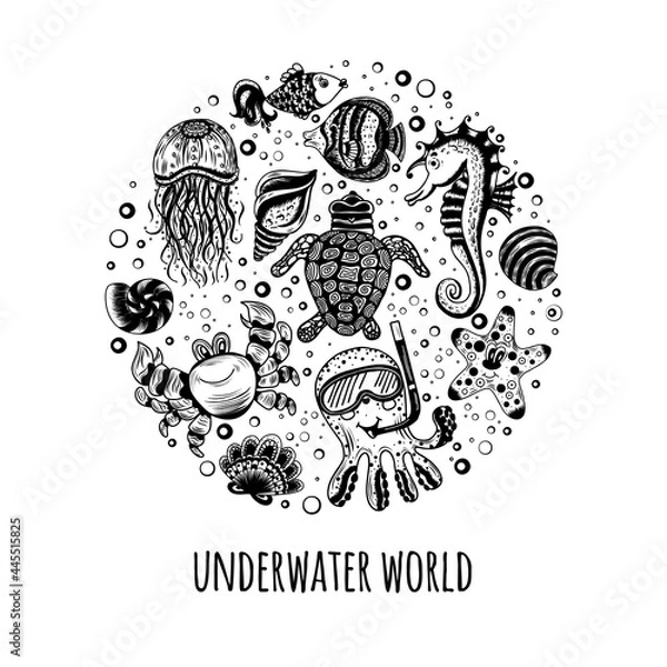 Obraz A set of cartoon sea animals in a circle. Ocean underwater inhabitants. Postcard, T-shirt, mug design. Cute vector illustration in sketch style.