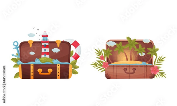 Obraz Travel Suitcase and Trunks with Green Flora and Vacation Symbols Vector Set
